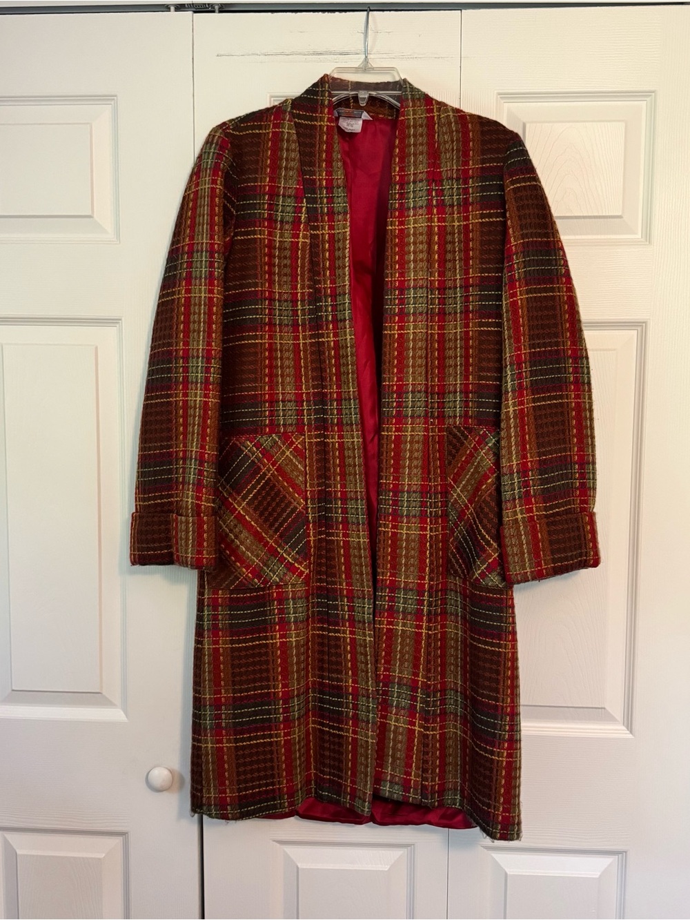 Plaid Open-Front Trench Coat in Red Multicolor